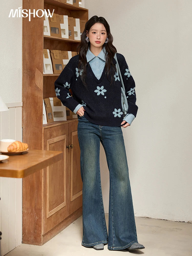 Mishow Dark Blue Fake Two-Piece Turn-Down Collar Sweater MXE51Z2554