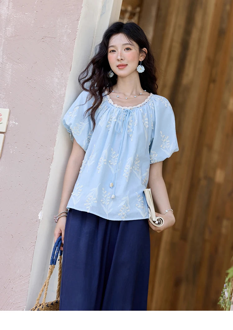 MISHOW Blue Cotton Embroidered Blouse Wave Edged O-Neck MXE35X1791