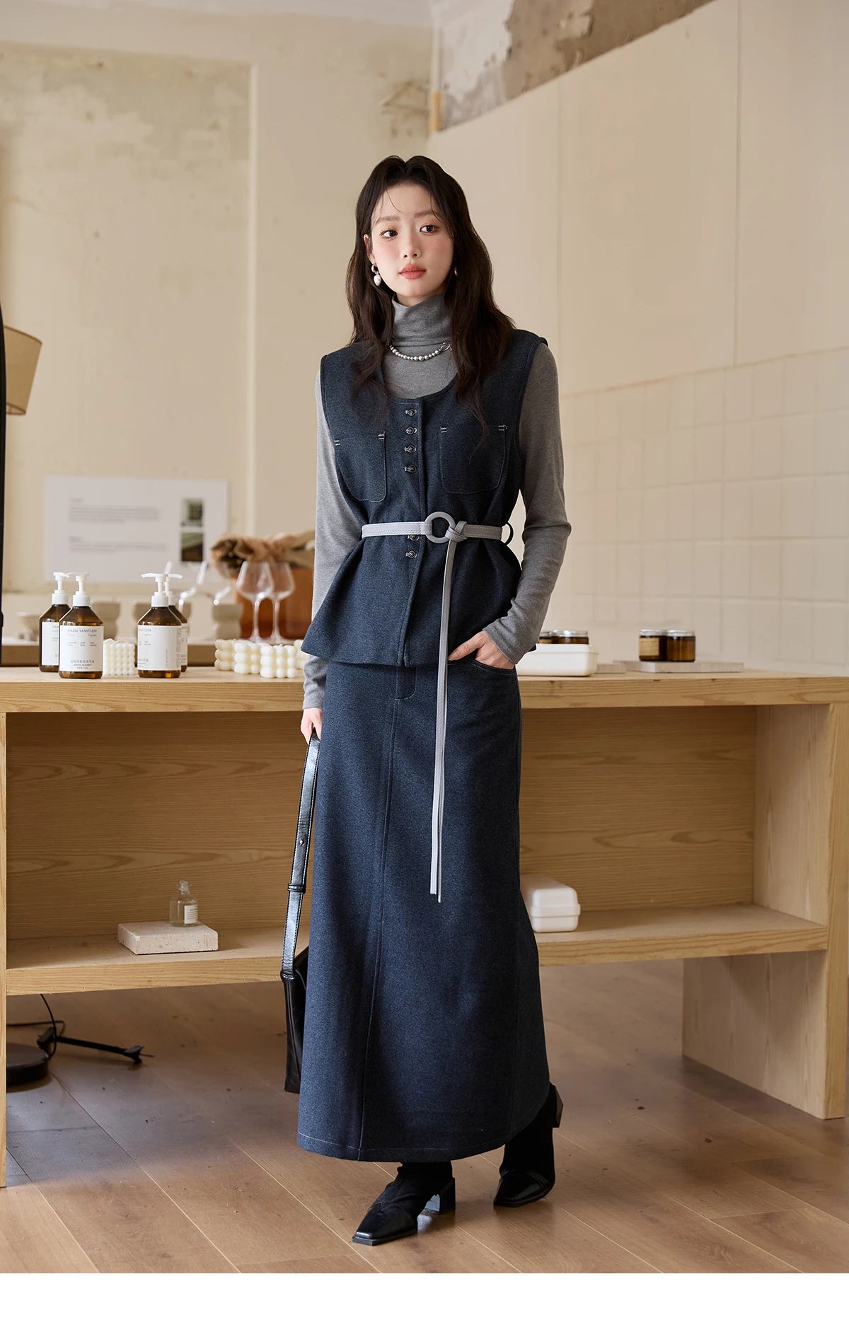 Mishow Blue Sleeveless Vest & Knit Top & Midi Skirt 3-Piece Set MXE49T1421