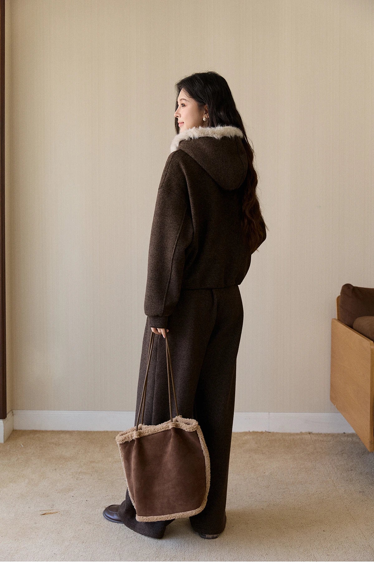 Mishow Brown Faux Fur Hood Sweatshirt & Wide Leg Pants Set MXE94T1476