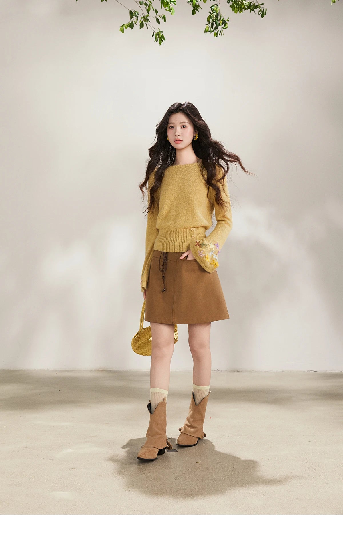 Mishow Yellow Floral Embroidered Boat Neck Flare Sleeve Top MXE94Z2864