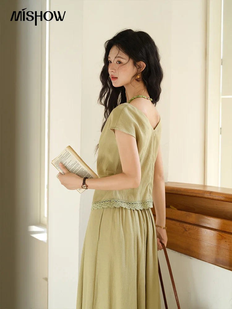 Mishow V-Neck Lace Hollow Top & Pocket A-Line Skirt Set MXE39T0665