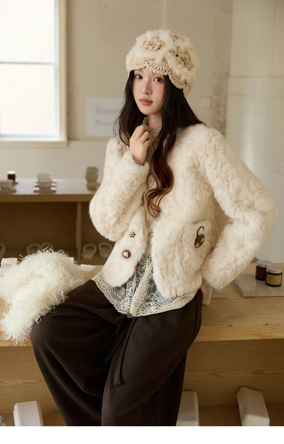 Mishow Sweet Pink Faux Rabbit Fur Coat MXE87W0990