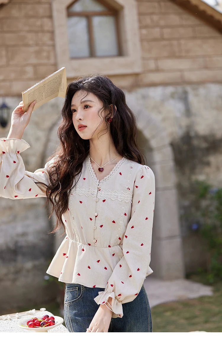 MISHOW Love Embroidered V-Neck Blouse Waist Ruffle MXE13X1700