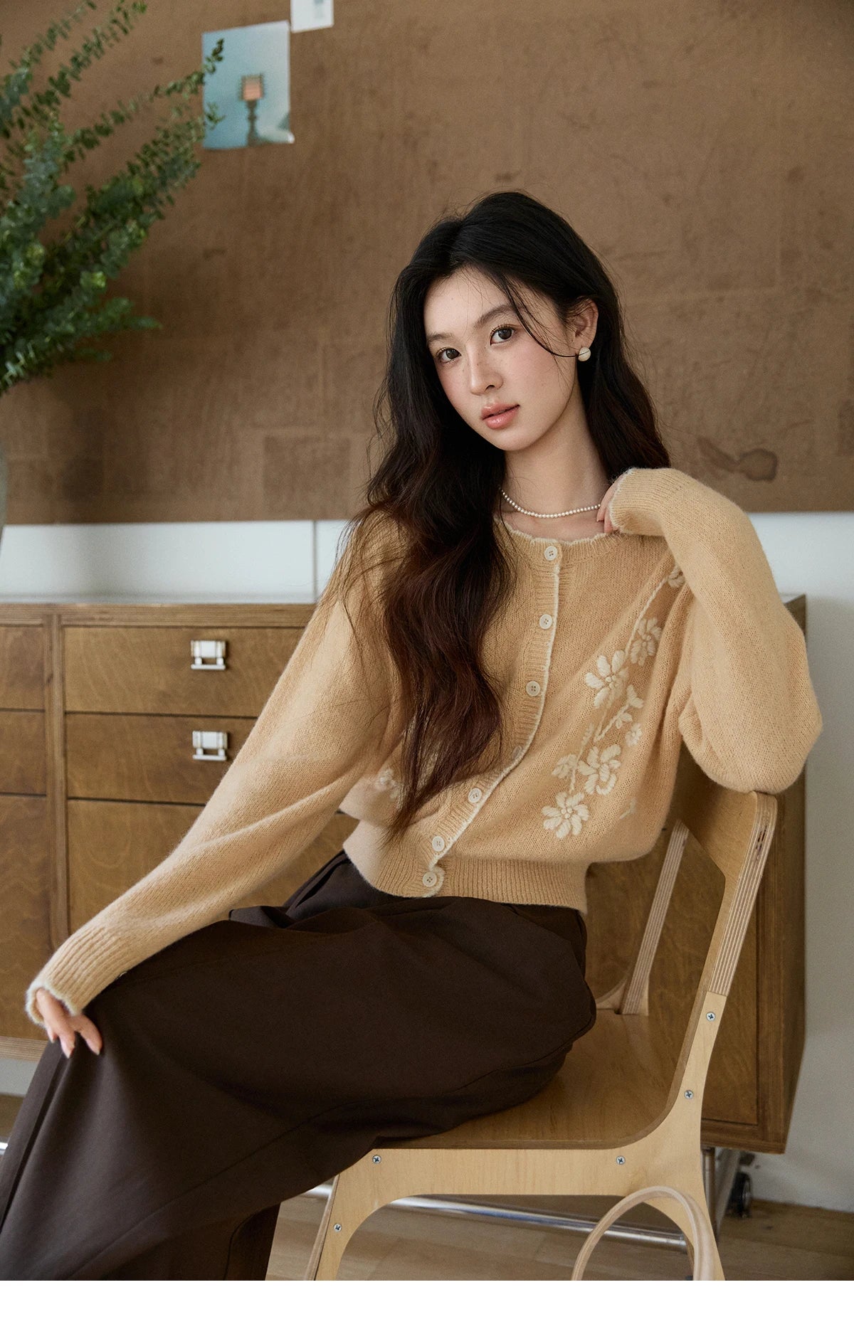 Mishow Camel Floral Embroidery Crew Neck Cardigan MXF11Z2896