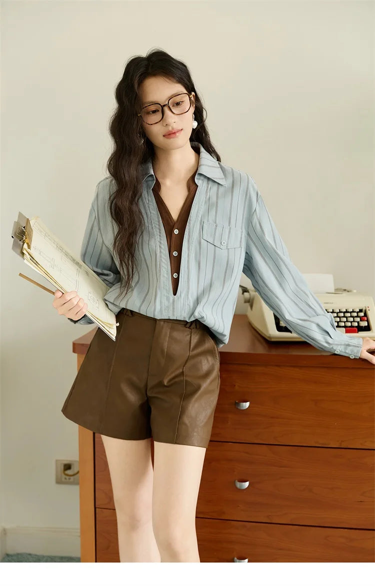 MISHOW Peach Skin Velvet Stripe Shirt Double Layered Collar MXE47C2408