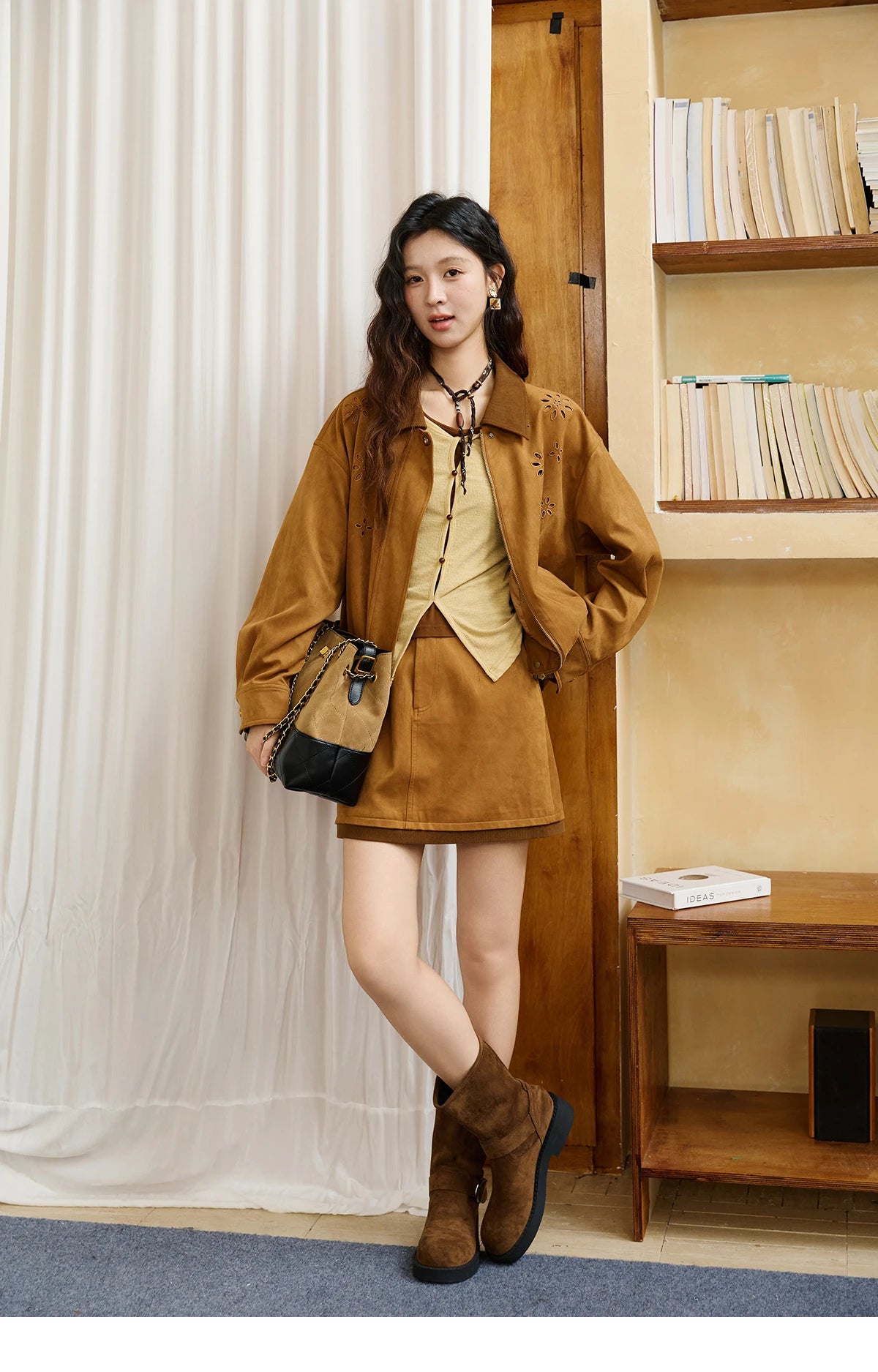 Mishow Retro Corduroy Cutout Jacket & Mini Skirt Set MXE47T0745