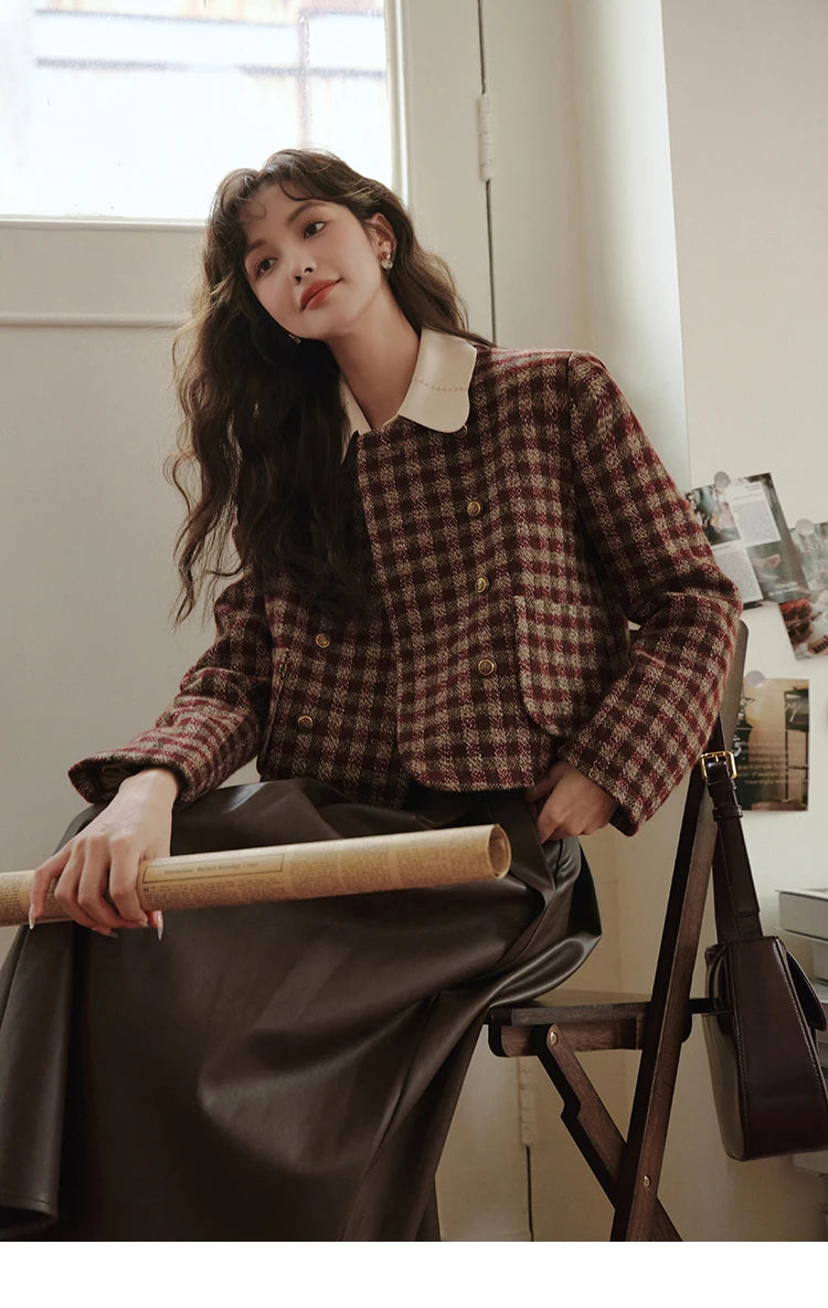 Mishow Vintage French Crop Plaid Woolen Top MXC48W0175