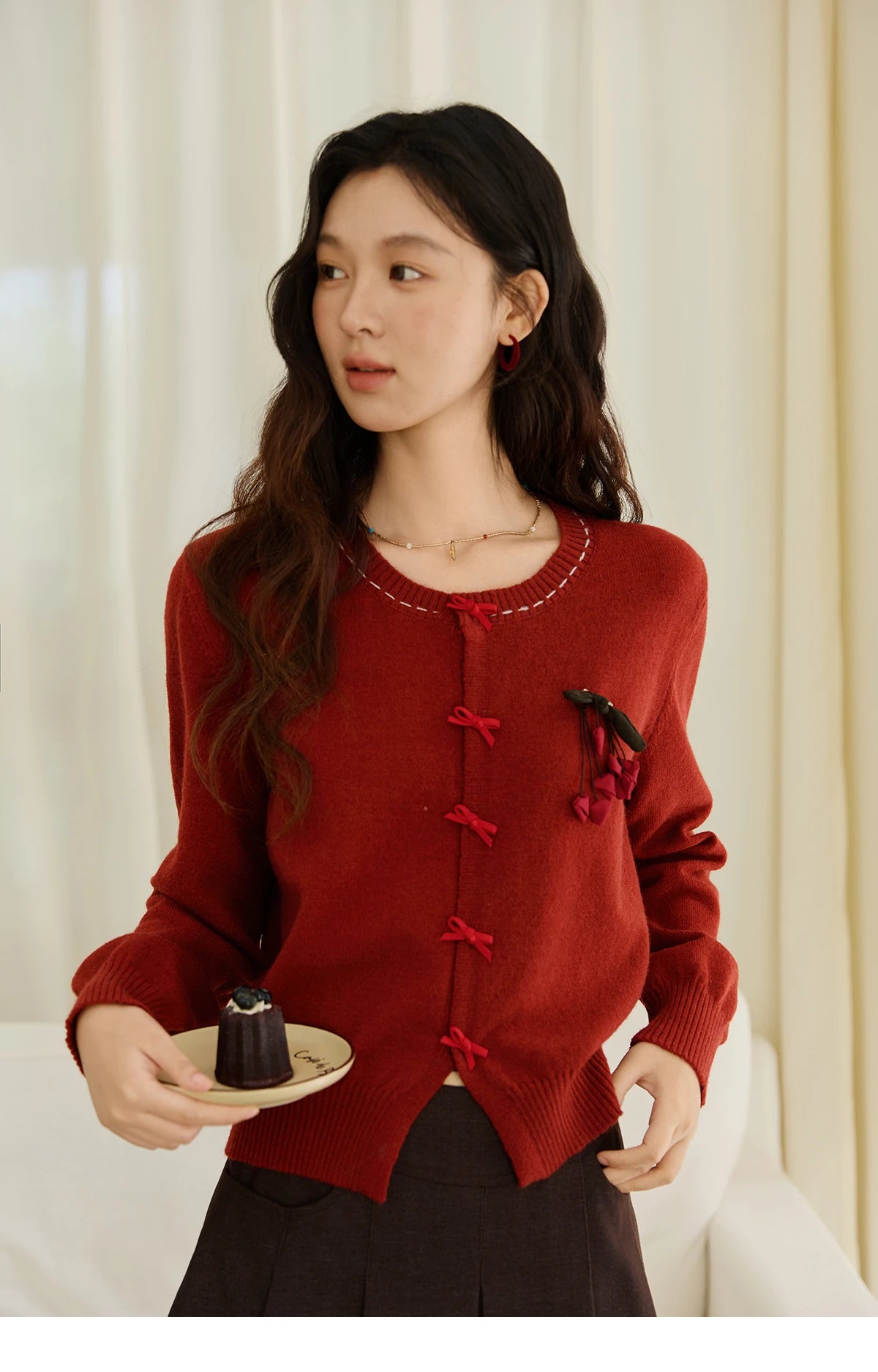 Mishow Bow Placket Lantern Sleeve Cardigan with Brooch MXE45Z1377