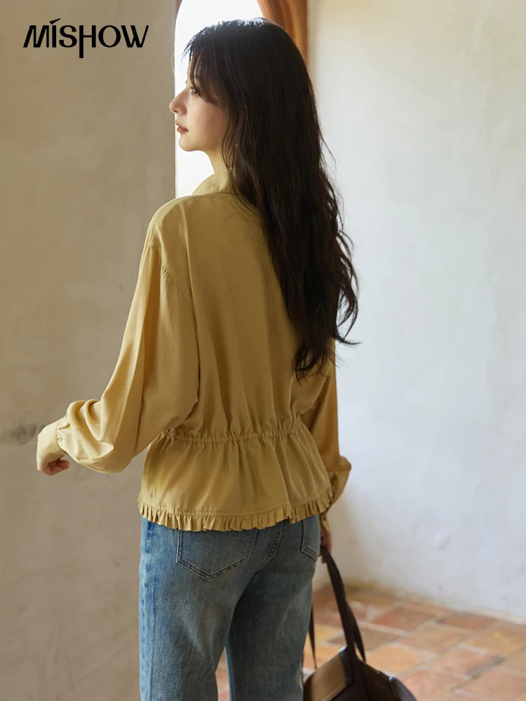 MISHOW Yellow Drawstring Waist Shirt Lapel Lantern Sleeve MXE42C2368