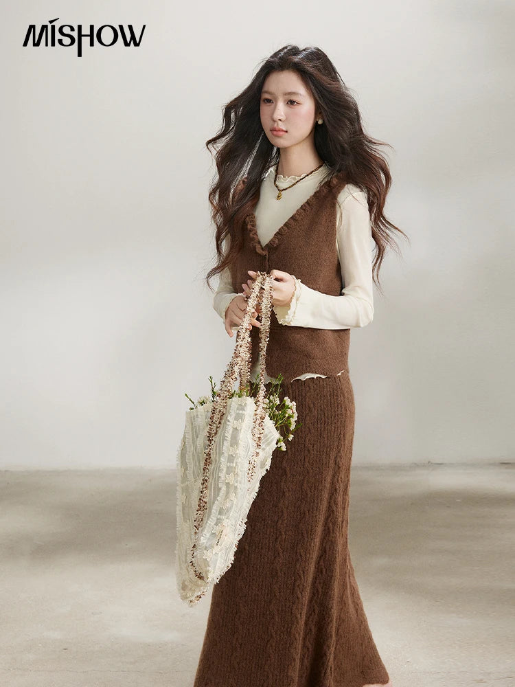 Mishow Brown Knitted Vest & Cable Knit Maxi Skirt Set MXF11T1460