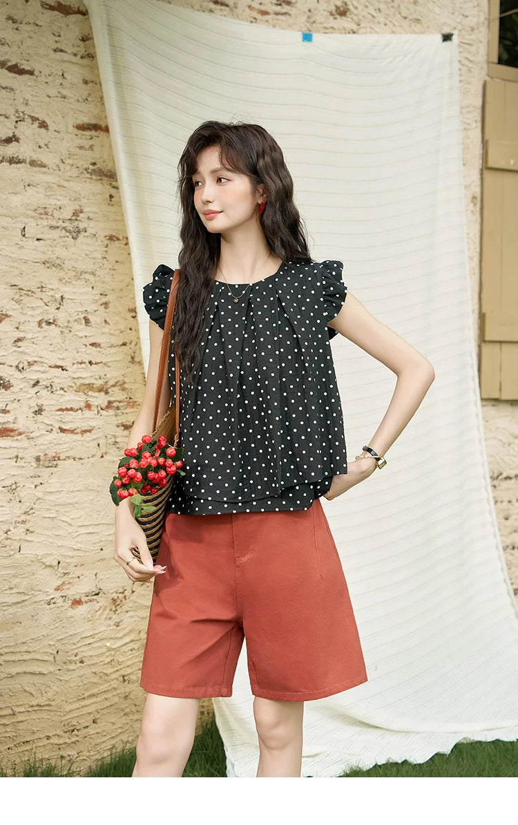 MISHOW Red Casual Shorts High Waist Loose Straight Leg Pockets MXD25K0679