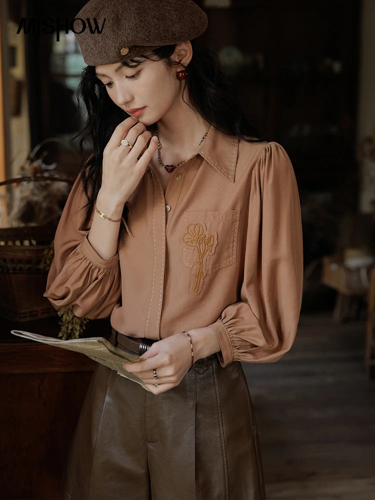 MISHOW Retro Long Sleeve Shirt Lantern Sleeve Embroidery MXD41C0287