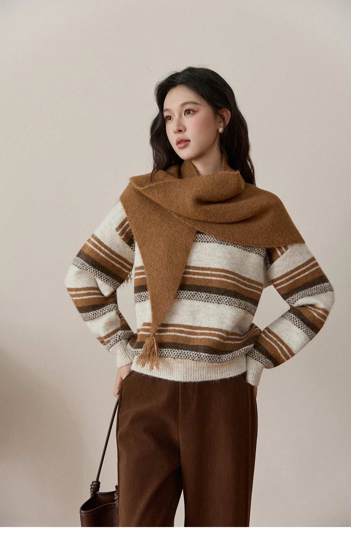 Mishow Wool Blend Retro Striped Sweater with Scarf MXE94Z2987