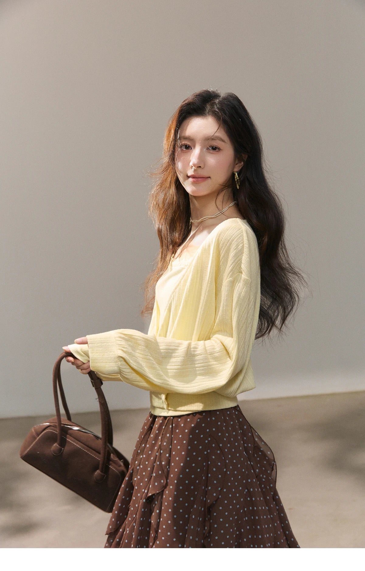 Mishow Lemon Yellow Lantern Sleeve Top & Lace Camisole Set MXF13T1513