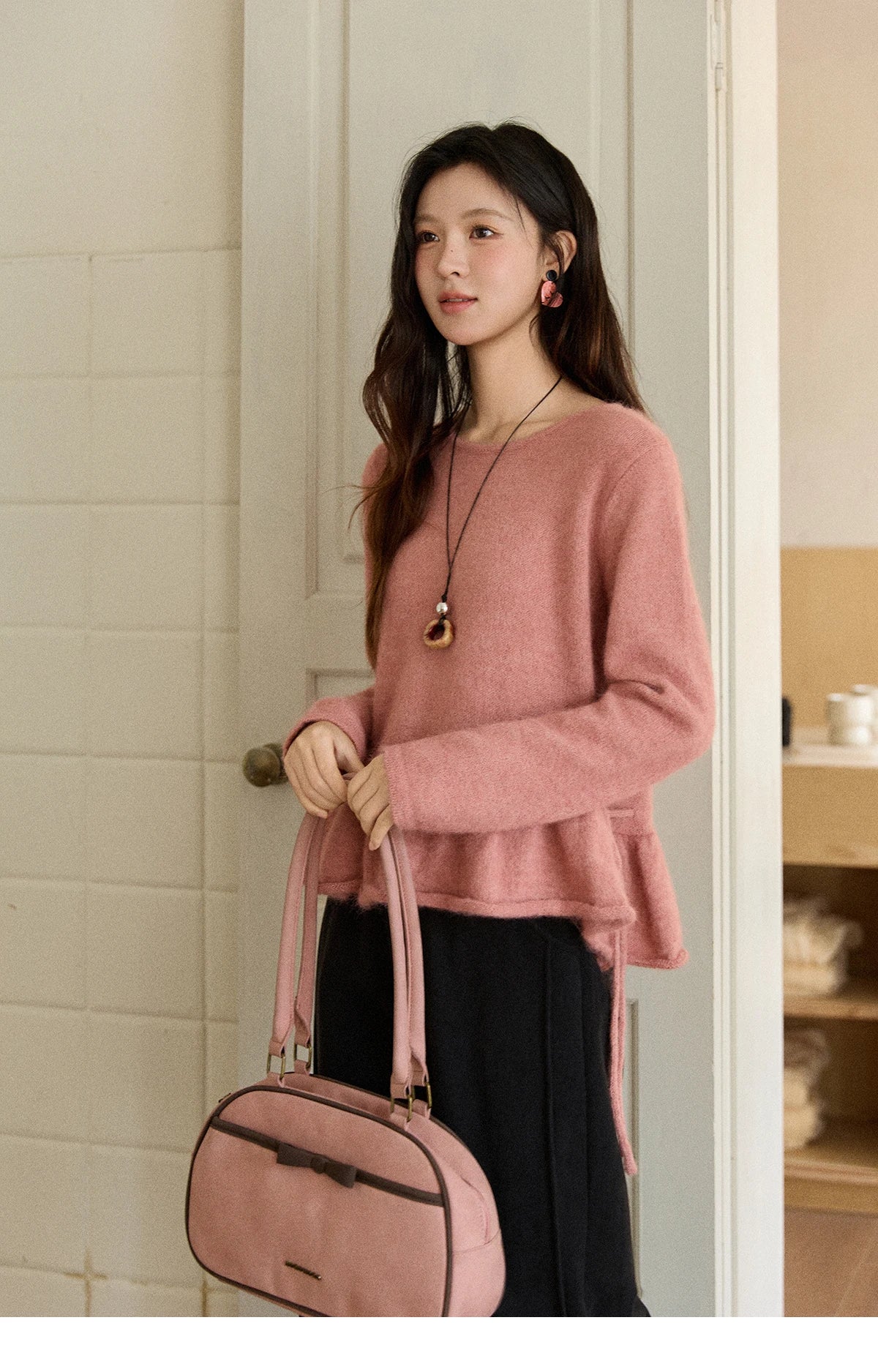 Mishow French Pink Ruffled Hem Pullover with Drawstring Belt MXE90Z2824