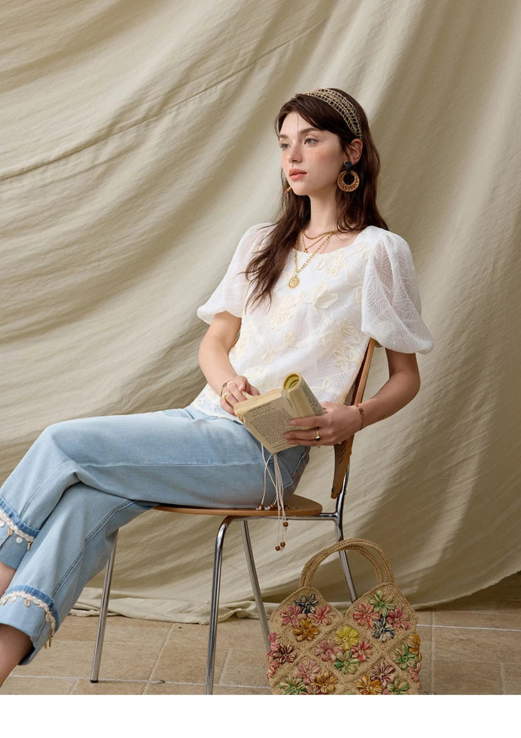 MISHOW Short Puff Sleeve Blouse Round Neck Jacquard MXE32X1772