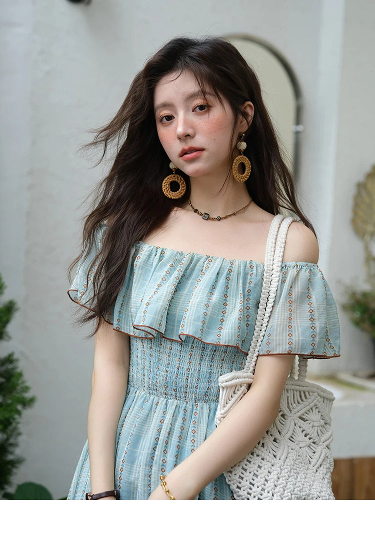 Mishow French Slash Neck Striped Chiffon Dress MXE39L2380