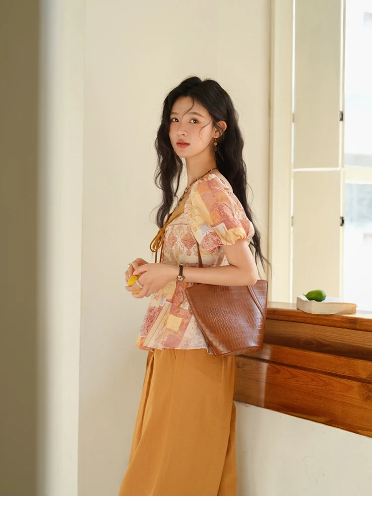 MISHOW V-Neck Lace Up Patchwork Blouse Puff Sleeve Floral Print MXE38X1911