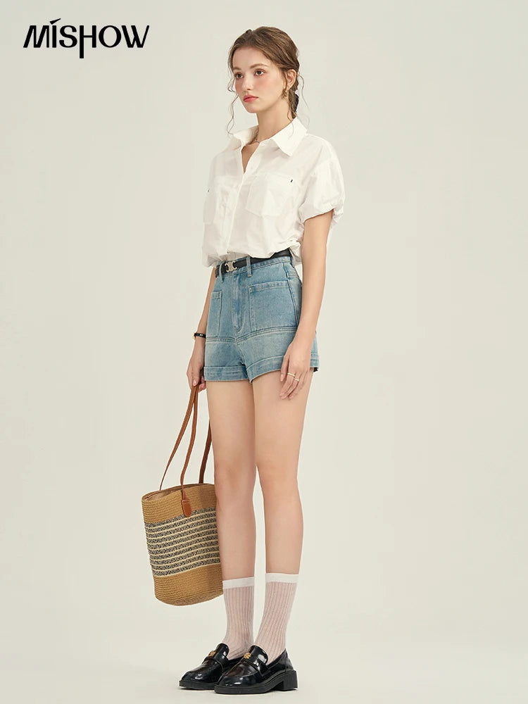 Mishow Denim Blue High Waist Straight Shorts MPD26K0618
