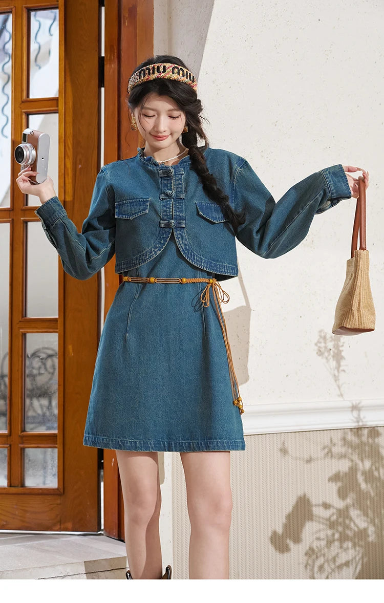 Mishow Retro Chinese Buckle Denim Vest Dress MXD14L1771