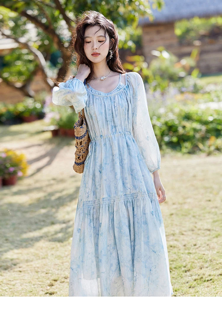 Mishow Blue Floral Chiffon Drawstring Lantern Sleeve Dress MXE16L2114