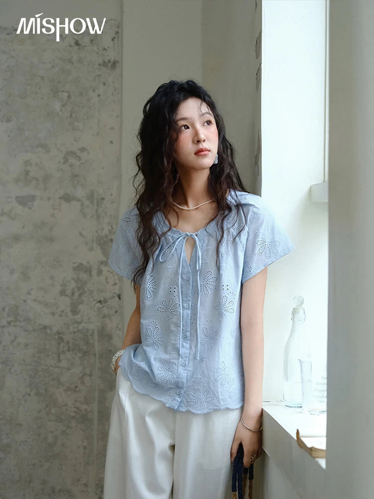 MISHOW Cotton Shirt O-Neck Button Lace Up Hollow Embroidery MXE37X1890