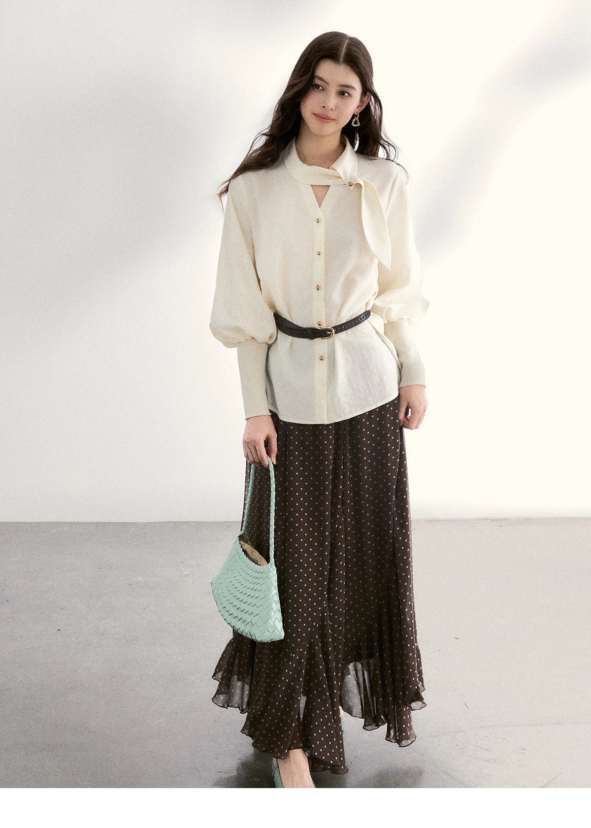 MISHOW Women's Tie Neck Shirt Hollow Out Knitted Patchwork Puff Sleeve MXF108C0812