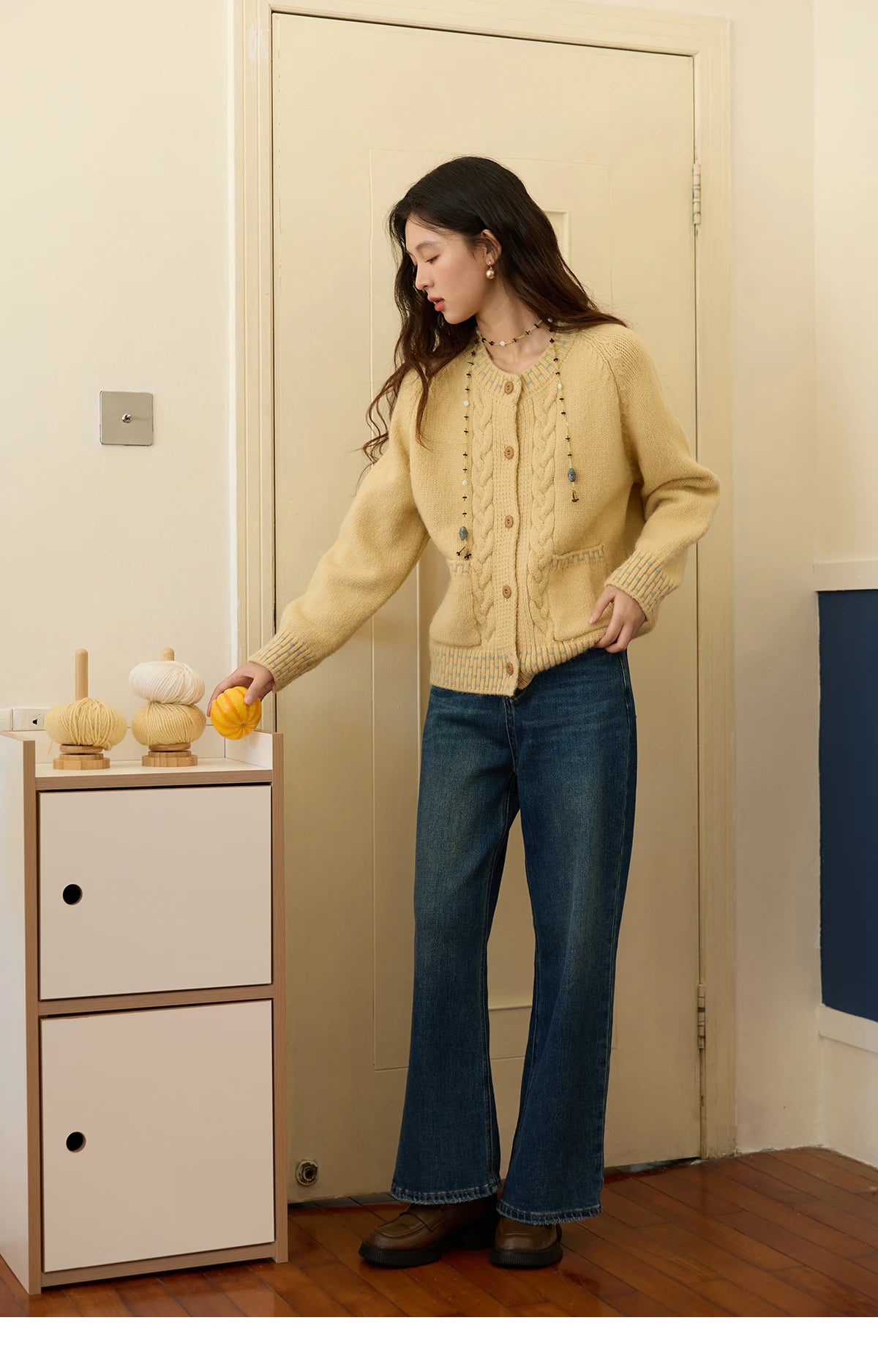 Mishow Yellow Cable Knit Hand-Drawstring Cardigan MXE47Z2566