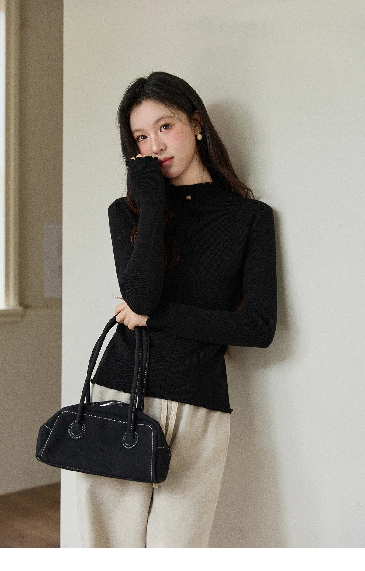 Mishow Ruffled Turtleneck Slim Knit Top MXE91Z2826