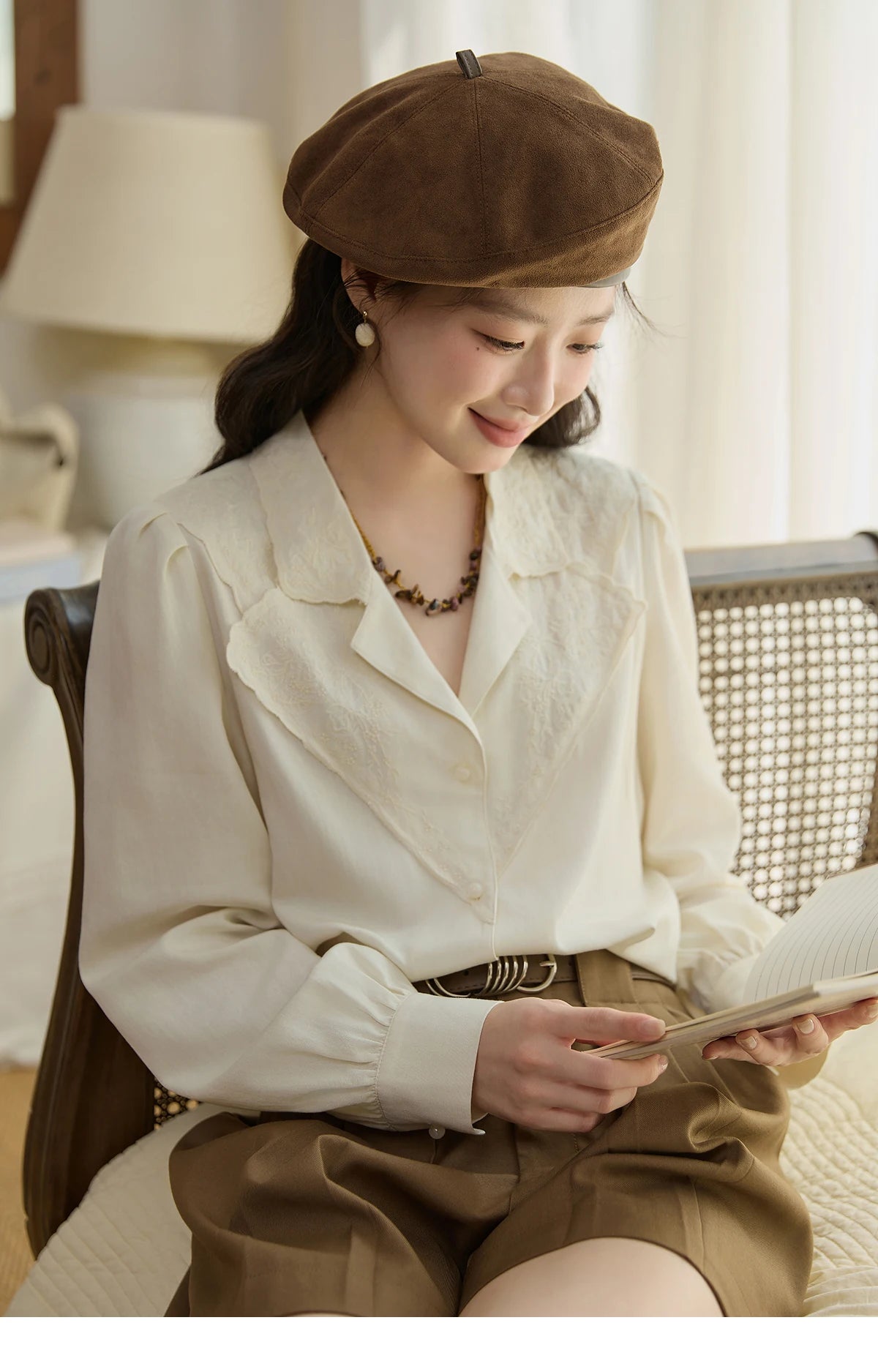 MISHOW Apricot Retro Lace V-Neck Blouse MXE45X2486