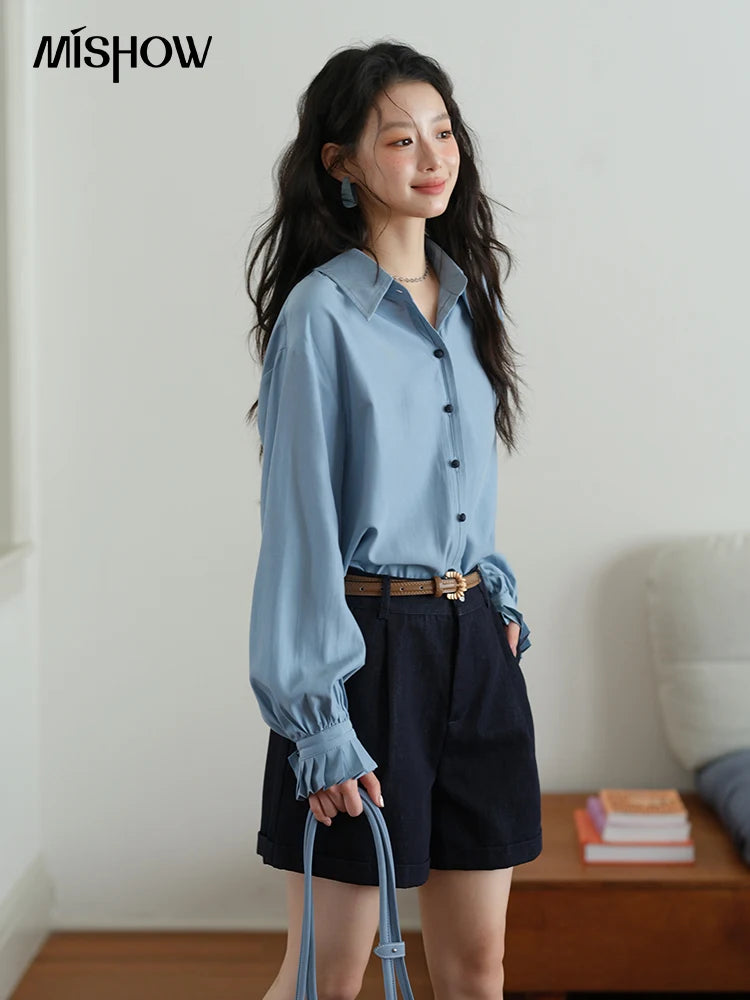 MISHOW Women's Color Block Shirt Pleated Cuffs Lapel Top MXE41C2352