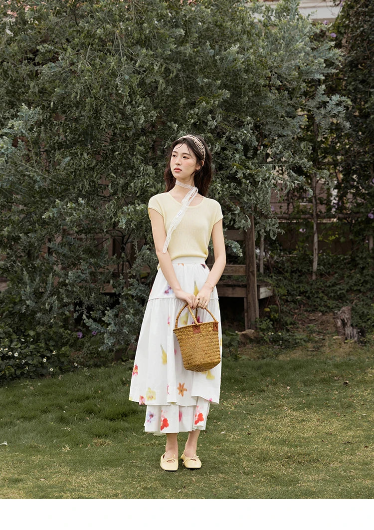 MISHOW White Background Flower Cotton Skirt High Waist A-LINE MXE32B0720