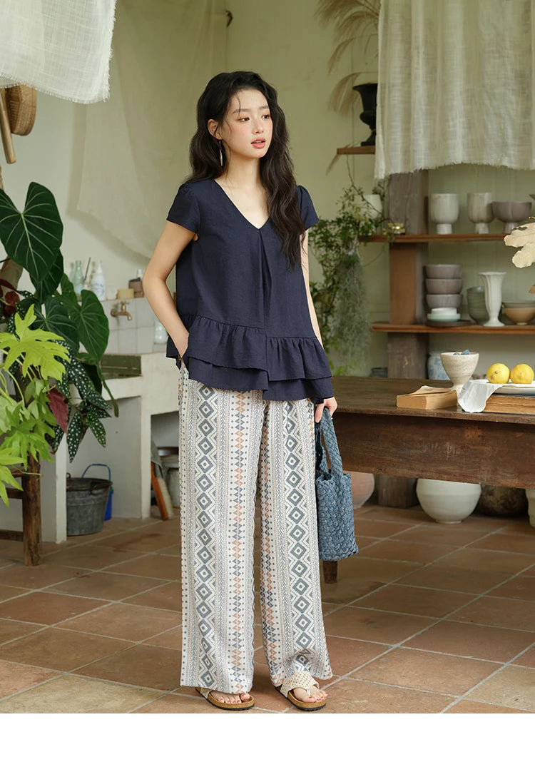 Mishow Lotus Leaf Edge V-Neck Blouse & Geometric Wide Leg Pants Set MXE39T0670