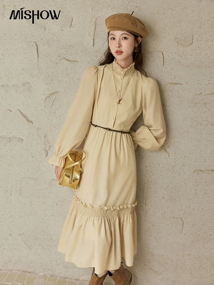 Mishow French Stand Neck Lotus Leaf Sleeve Dress MPD42L2036