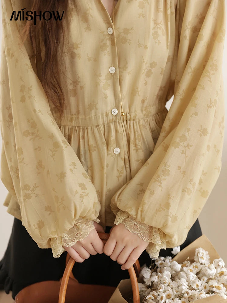 MISHOW Yellow Print Shirt Lantern Sleeve Drawstring Waist MXE45X2499