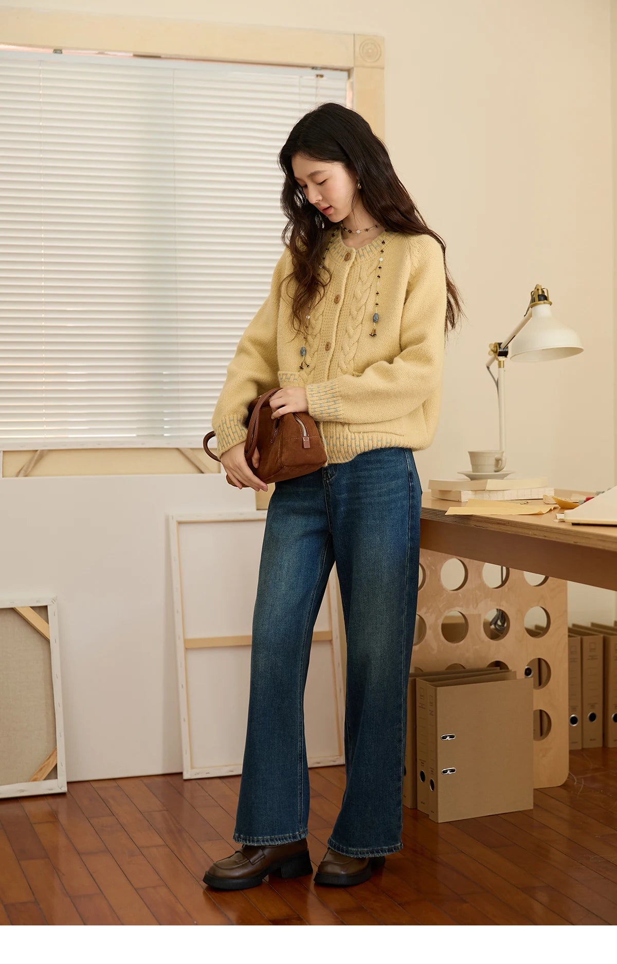 Mishow Yellow Cable Knit Hand-Drawstring Cardigan MXE47Z2566