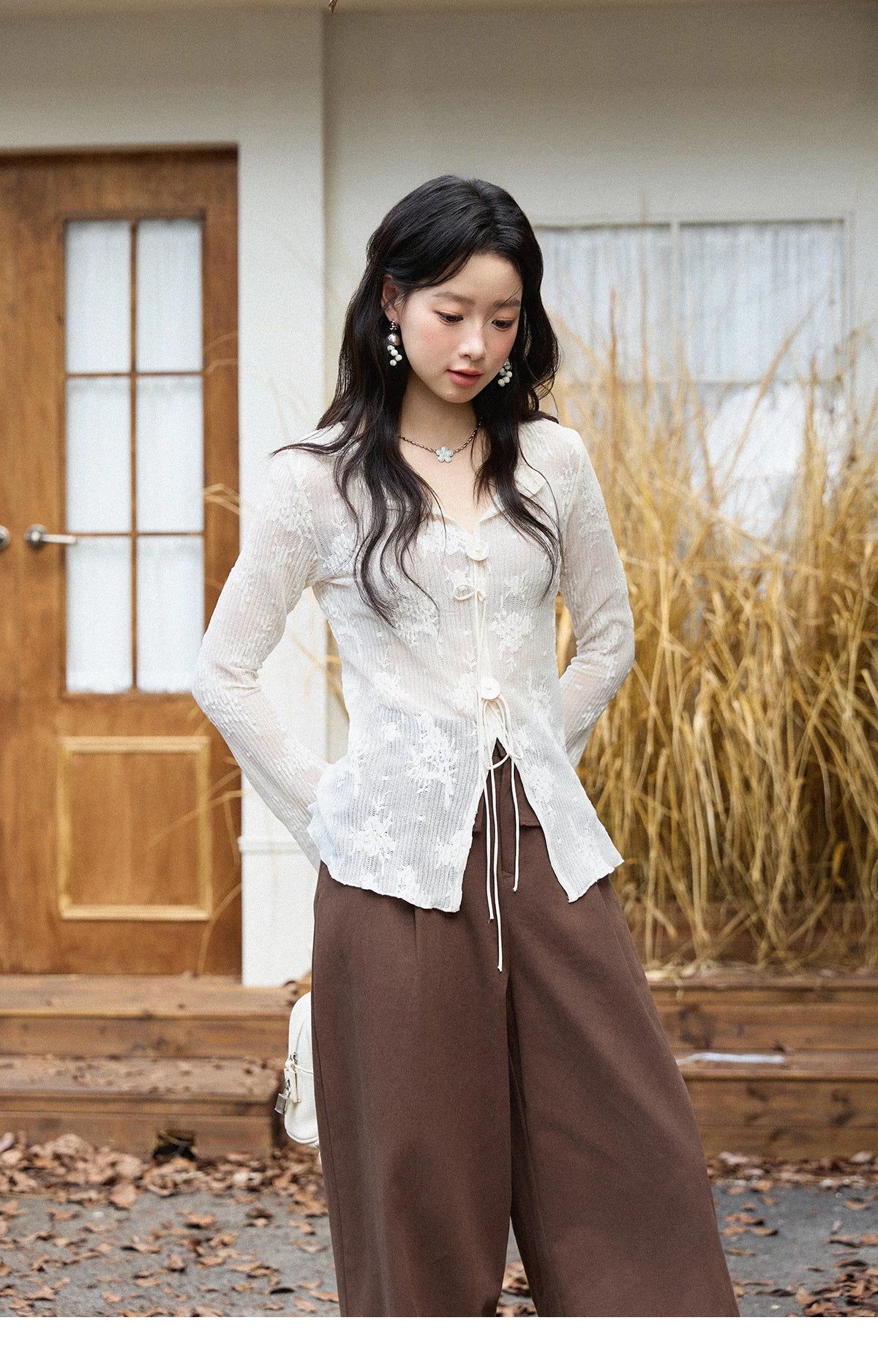 MISHOW White Lace Shirt Flared Sleeves V-Neck MXE49X2511
