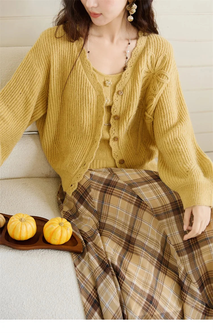 Mishow Yellow V-Neck Cardigan & Slim Camisole Set MXE45T0742