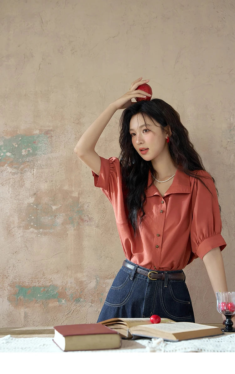 MISHOW Short Sleeve Blouse Lapel Simple Loose Fit MXD28C0247