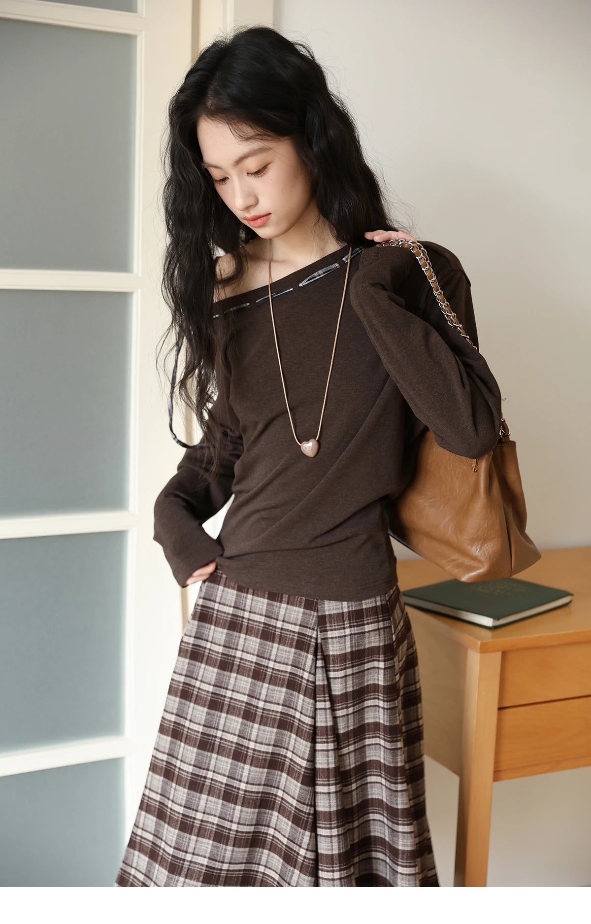 Mishow Slant Shoulder Dark Brown Strap Knit Top MXE45T1402
