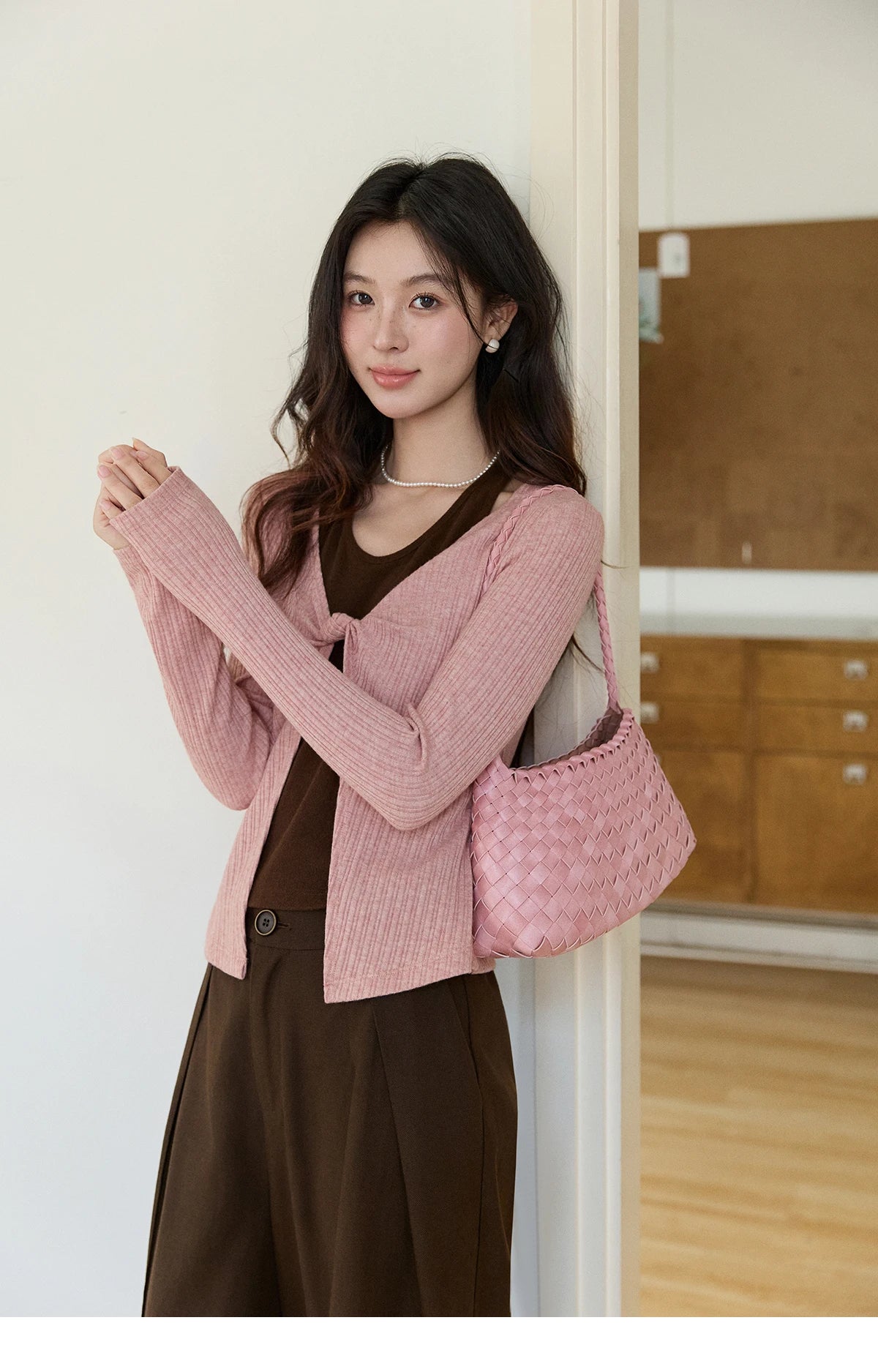 Mishow Pink Brown Fake Two-Piece Knot Front Top MXF11Z2912