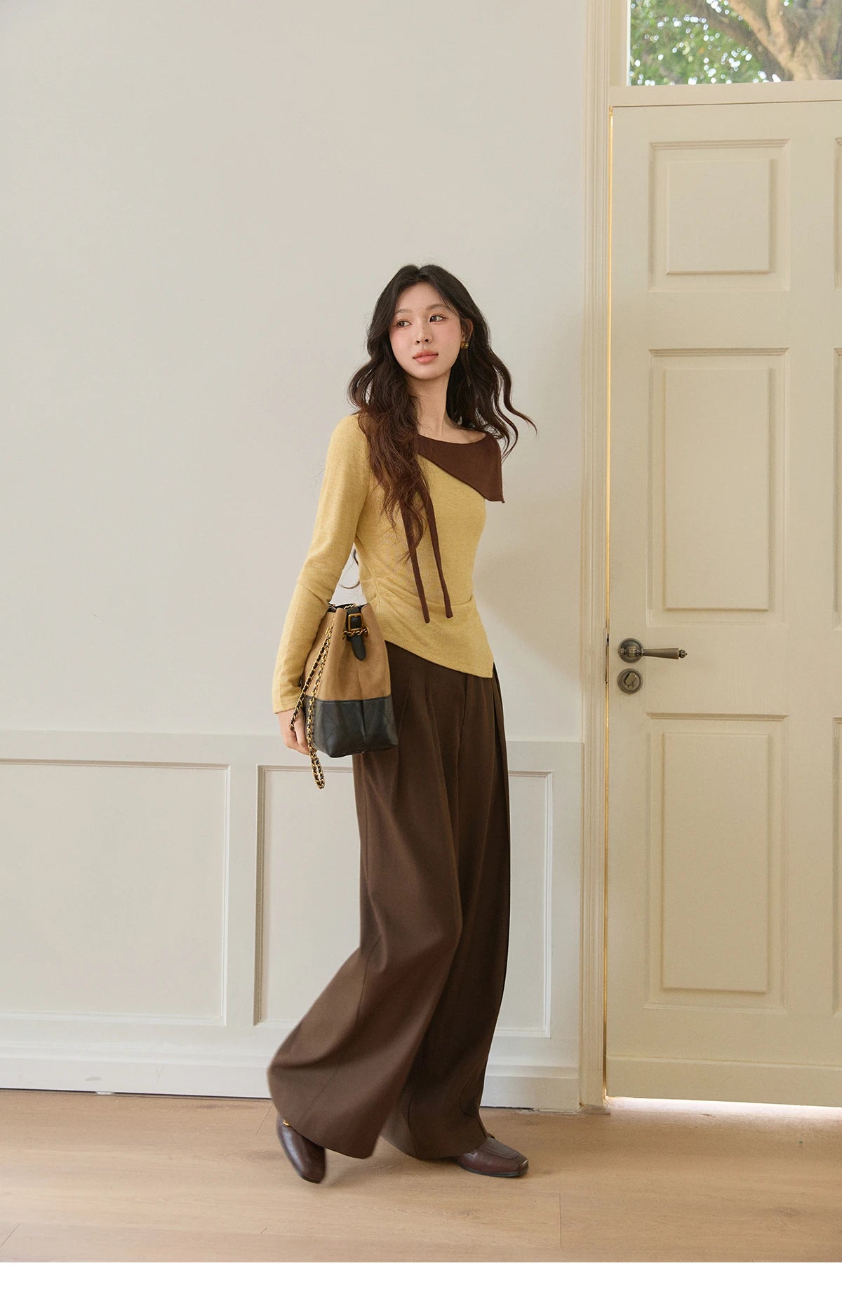 Mishow Yellow Brown Contrast Oblique Collar Knit Top MXF11Z2911