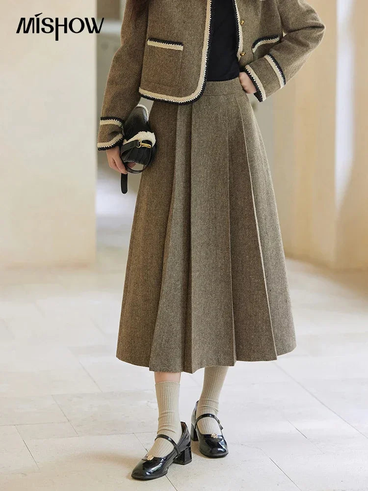 Mishow Vintage Plaid Tweed Jacket & Pleated Skirt Set MXD56W0569
