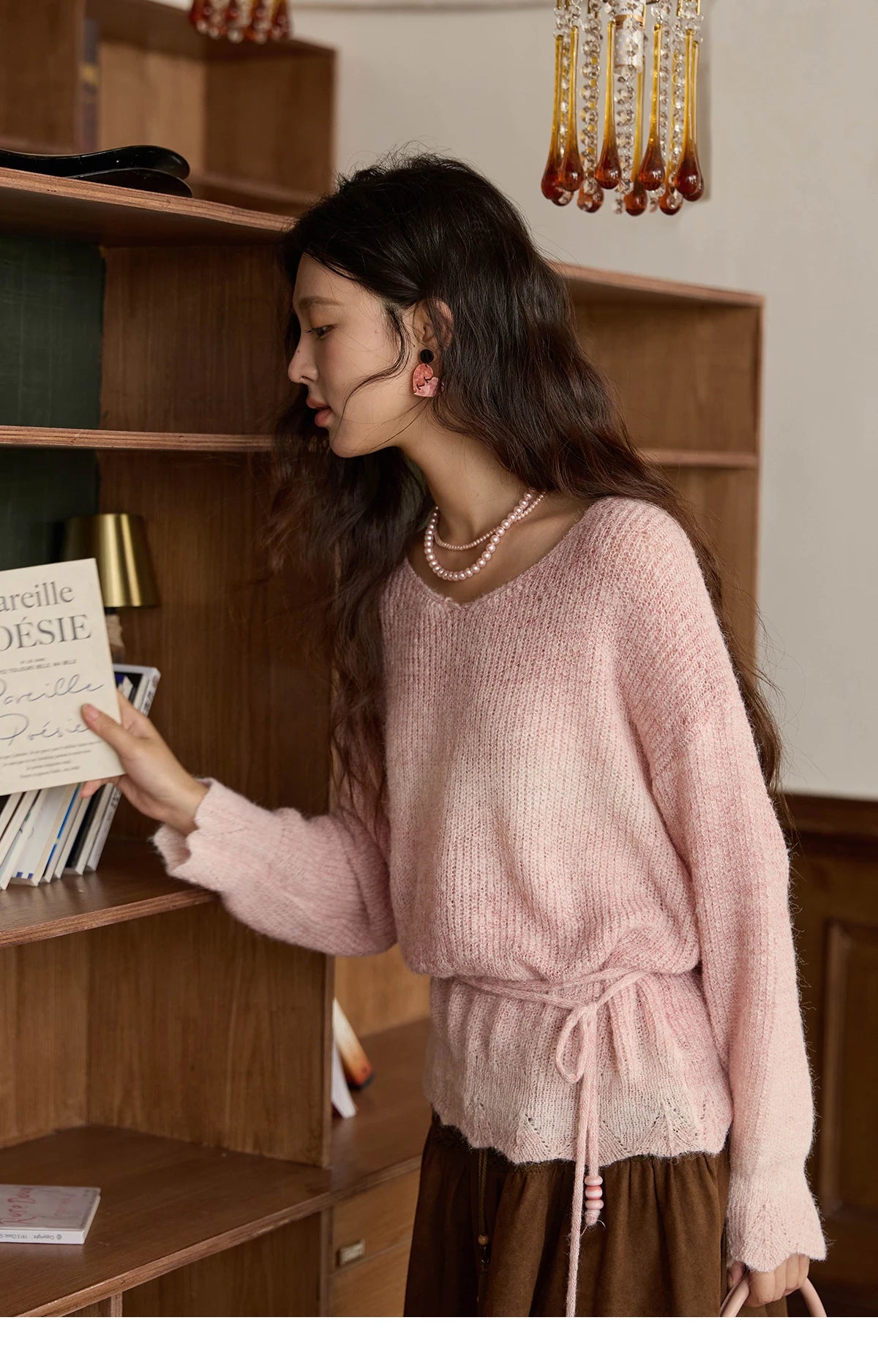 Mishow Pink Gradient Ribbed Cuff Sweater with Rope MXE43Z1334