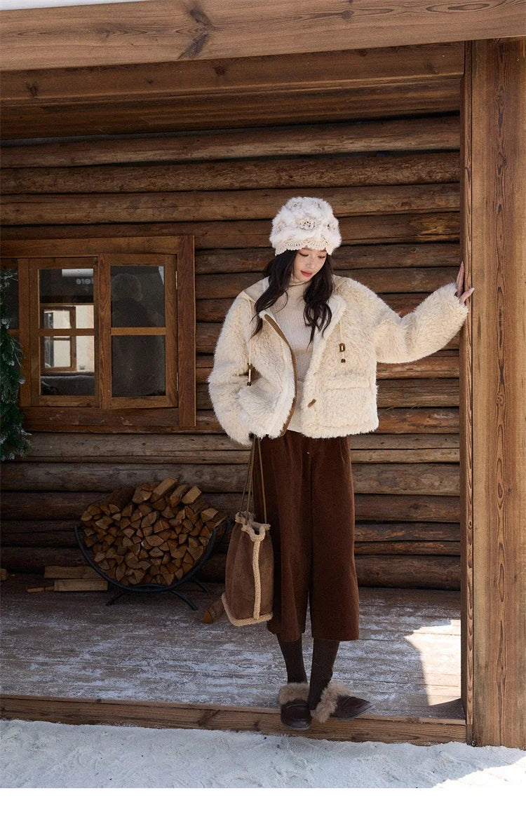 MISHOW Beige Knitted Hooded Plush Coat Warm Windproof MXE86W0908
