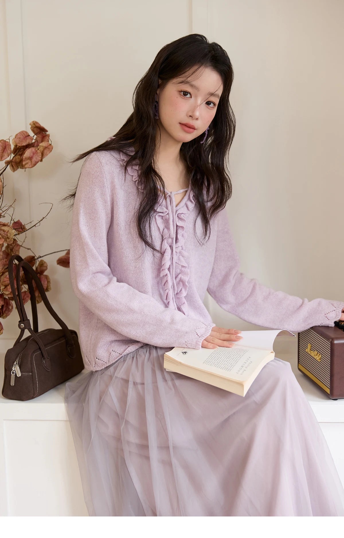 Mishow Beige V-Neck Wood Ear Hollow Sweater MXE51Z2595