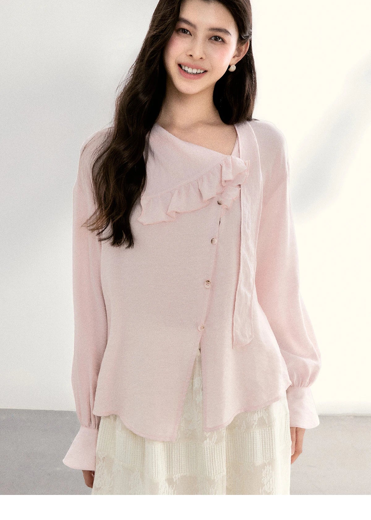 MISHOW Pink Asymmetrical Ruffled Collar Blouse Puff Sleeve MXF11X2520