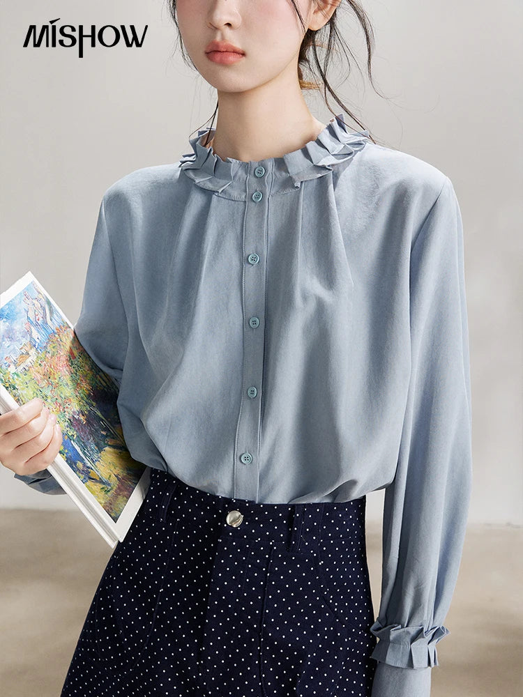 MISHOW Peach Skin Solid Shirt Ruffled Crew Neck MXF11C2431