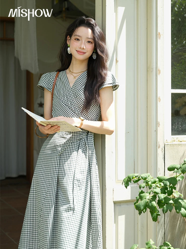 Mishow V-Neck Plaid Waist Cinched Sash Dress MXE39L2410